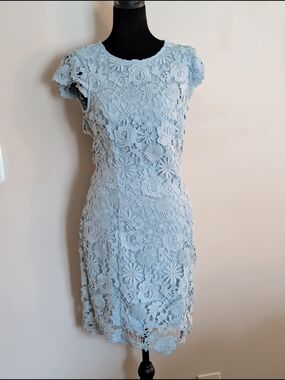 Lulus Light Blue Floral Lace Cap Sleeve Mini Dress - Size Medium
